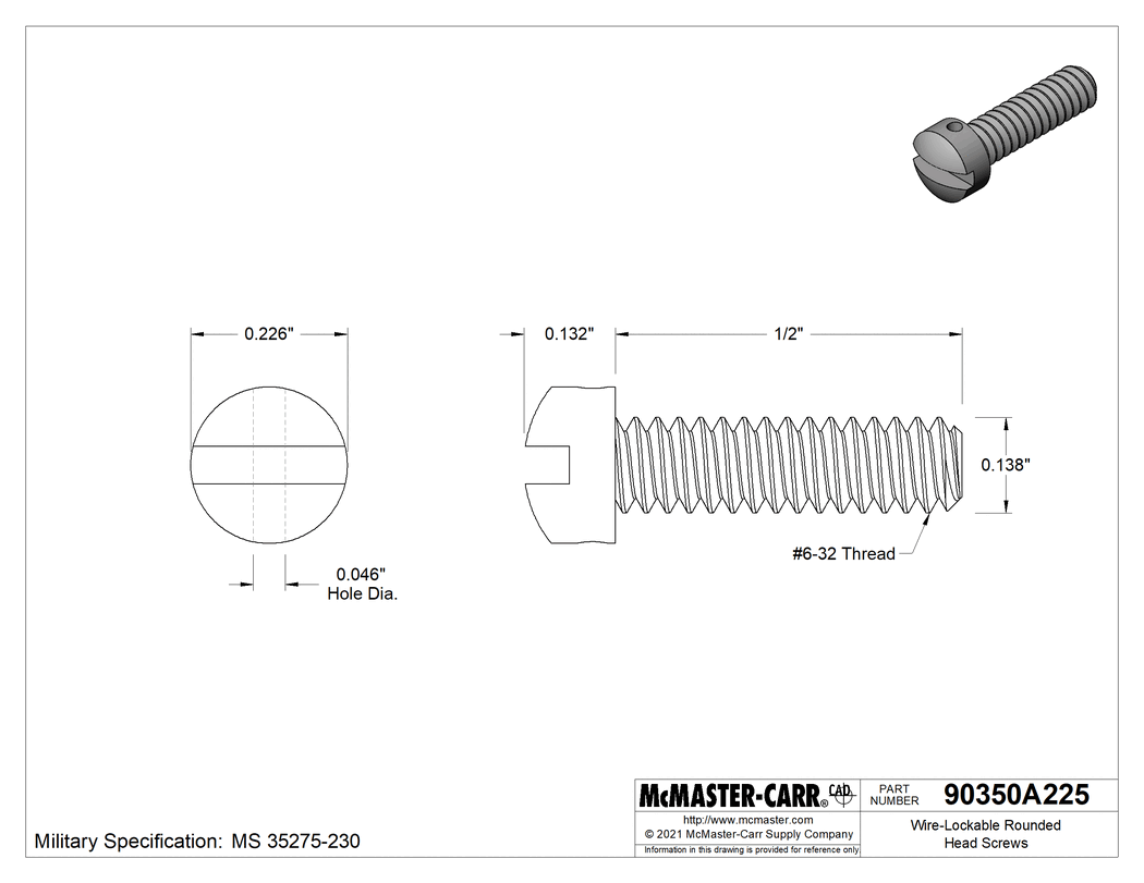 Technical Drawing of Wire-Lockable Rounded Head Screws, 6-32 Thread Size, 1/2" Long.